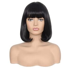 Morvally Short Black Bob Wig 14” Blunt Bangs Heat Resistant Cosplay New
